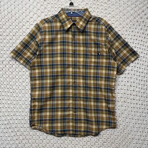 Marmot Shirt Mens Sz L Yellow Navy Blue Plaid Button Up Short Sleeve Outdoor